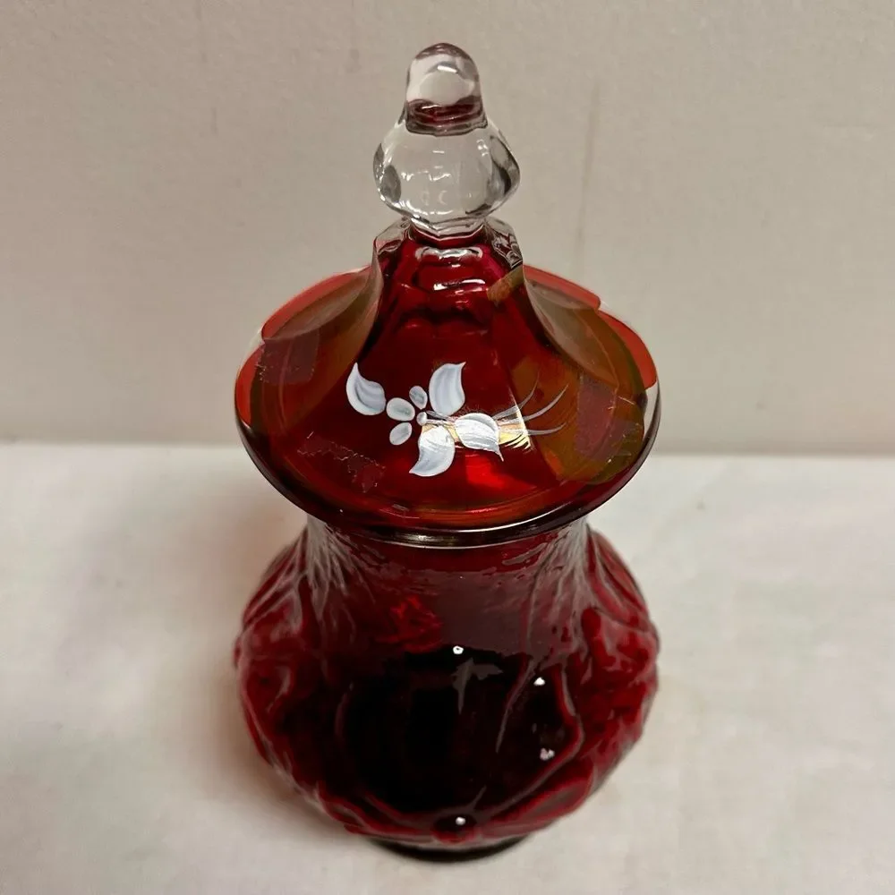 Vintage Ruby Red Glass Apothecary Jar Candy Jar with Lid Handpainted Florals